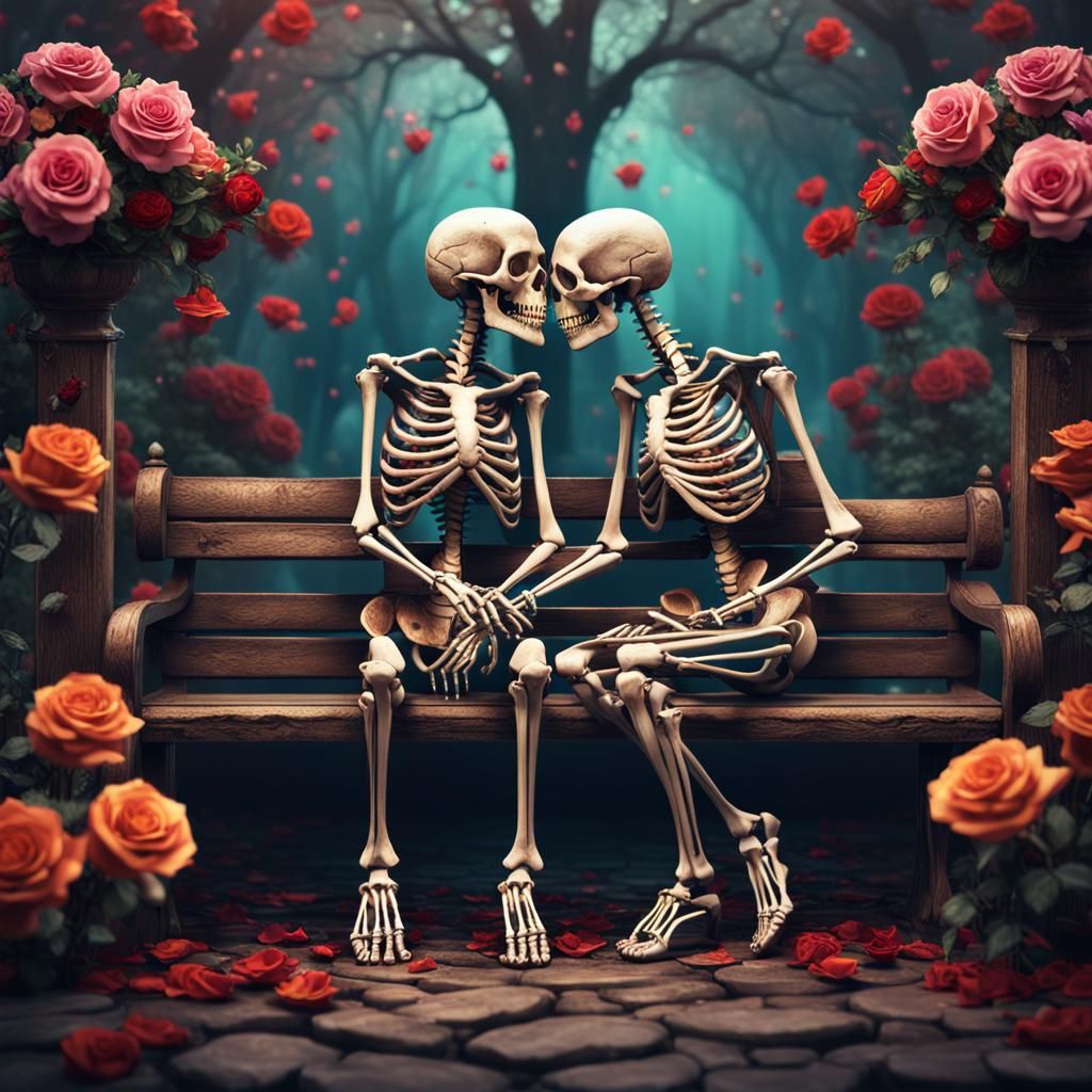 skeletons sitting side by side, holding hands and kissing on...