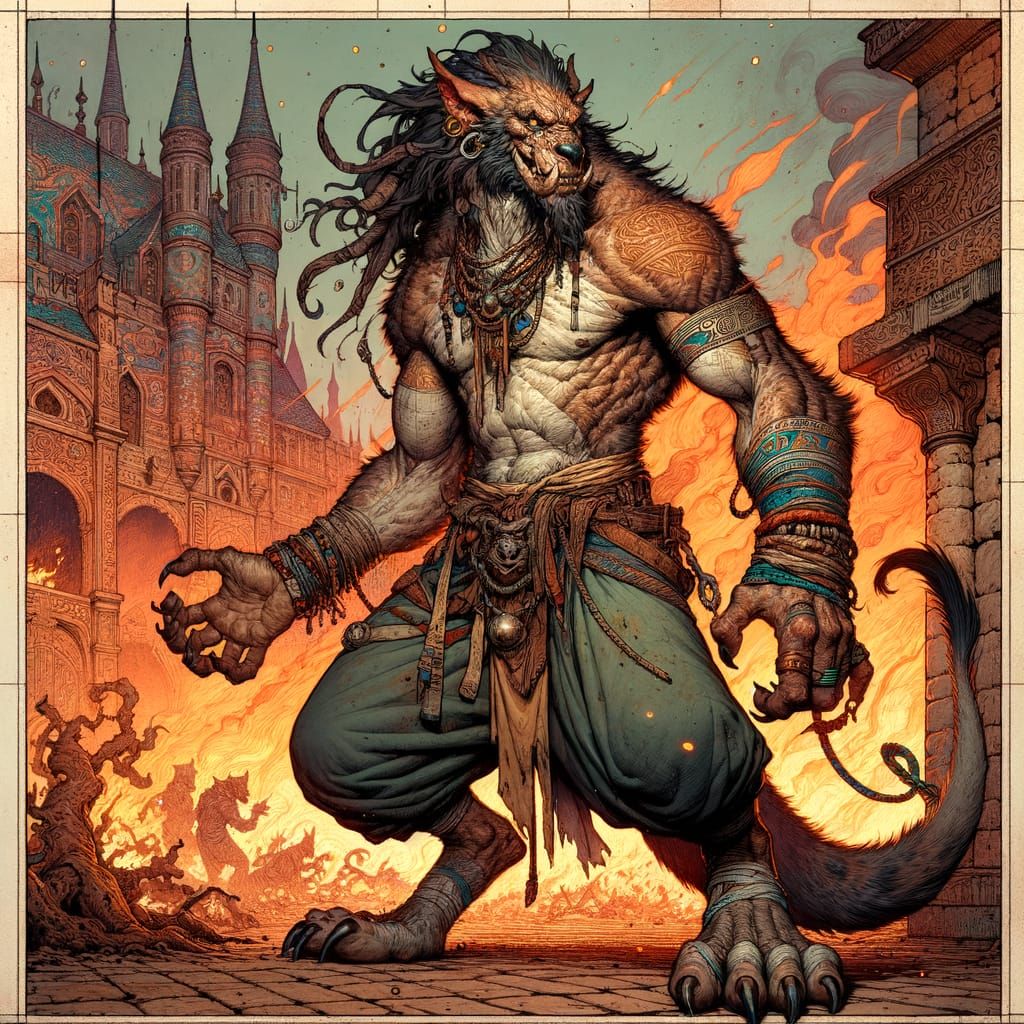 Imagine a modern comic book art style frame :: In the foreground, a venerable sorcerer gnoll, seamlessly mixing fantasy and punk gunge aesth...