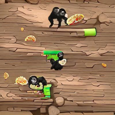 Two chimps with guns fight over a burrito