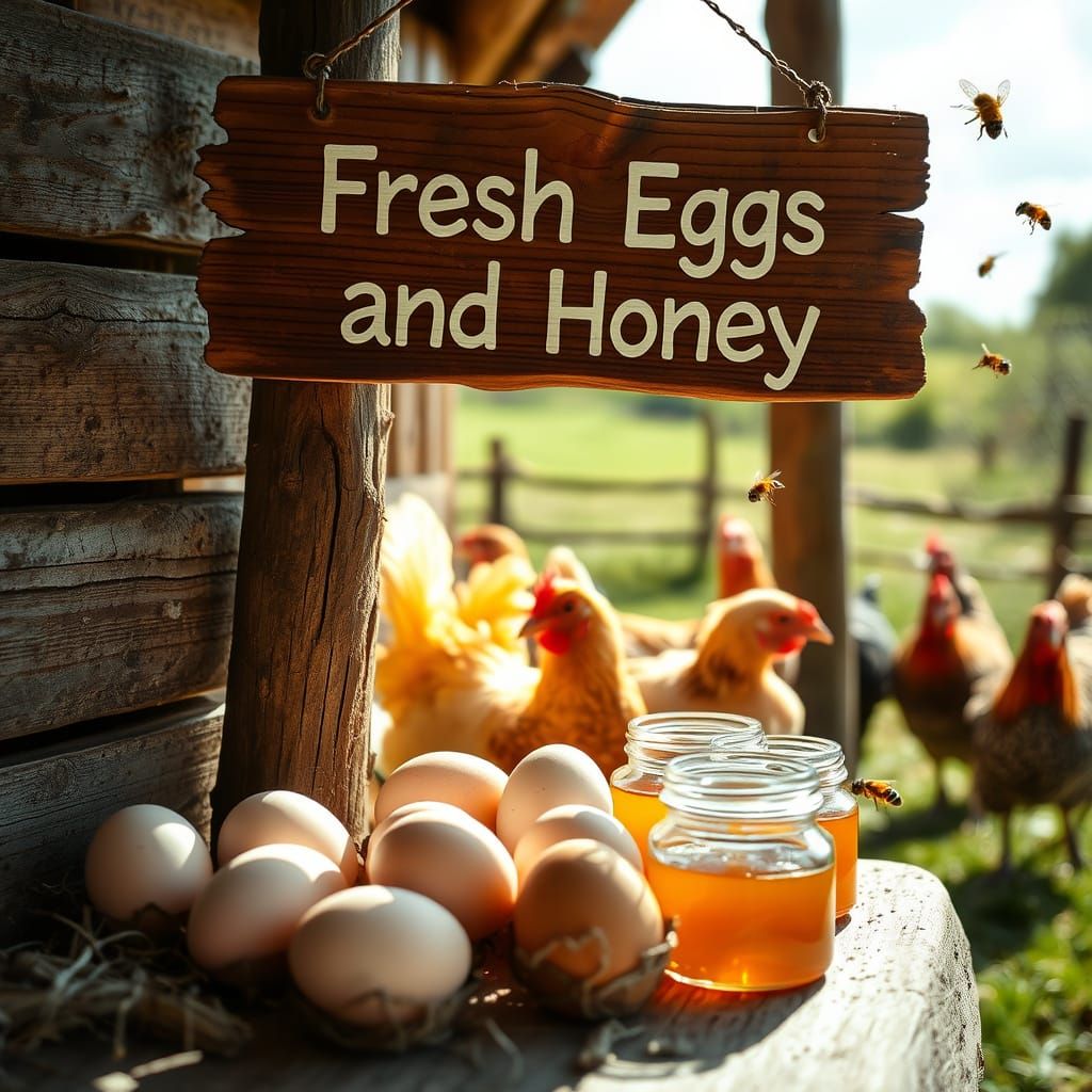 A Yorkshire country scene, a ragged wooden sign reading "Fresh Eggs and Honey". Eggs and closed honey ...  by @HarrietM