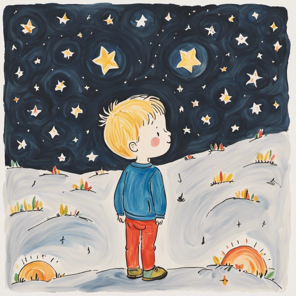 <lora:Keiki:1.0>a toddler's drawing of a boy looking at the stars