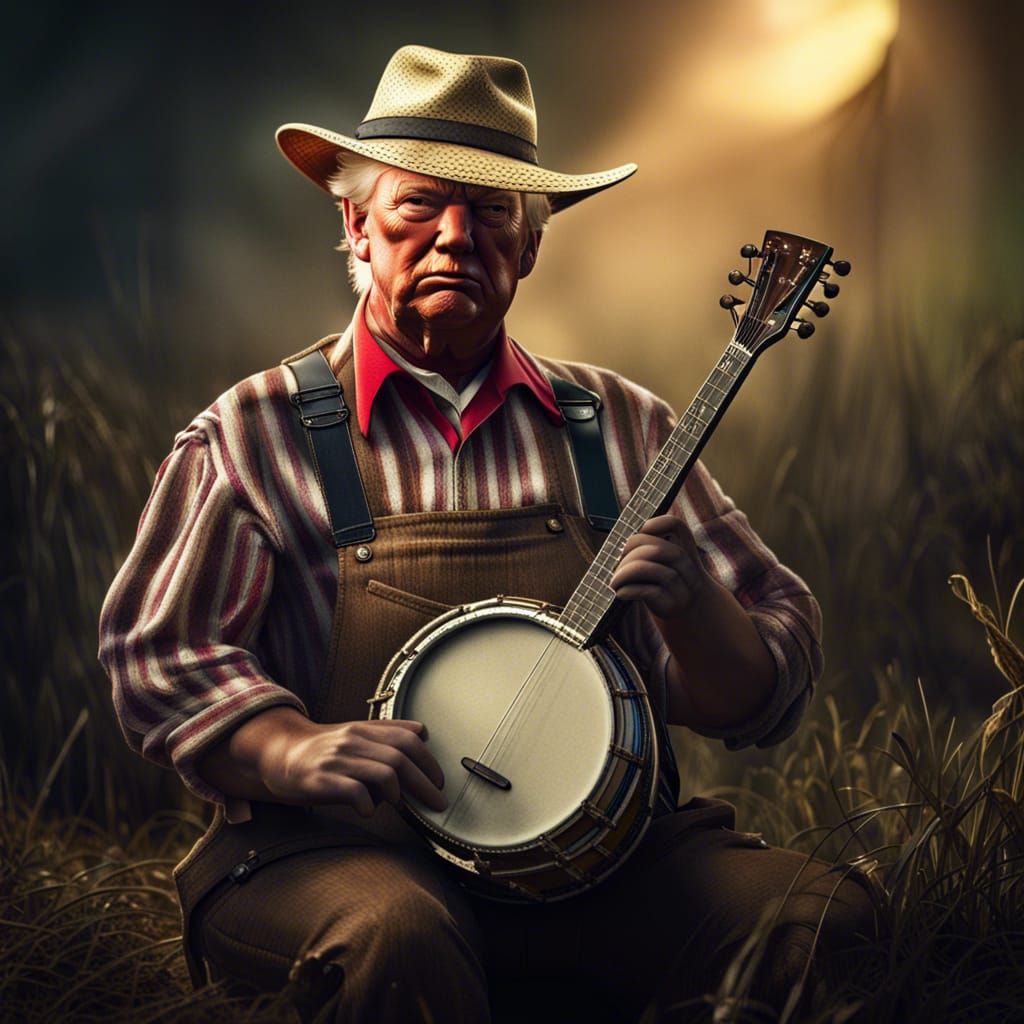 "Trump dressed as a farmer while playing a banjo", vibrant l...
