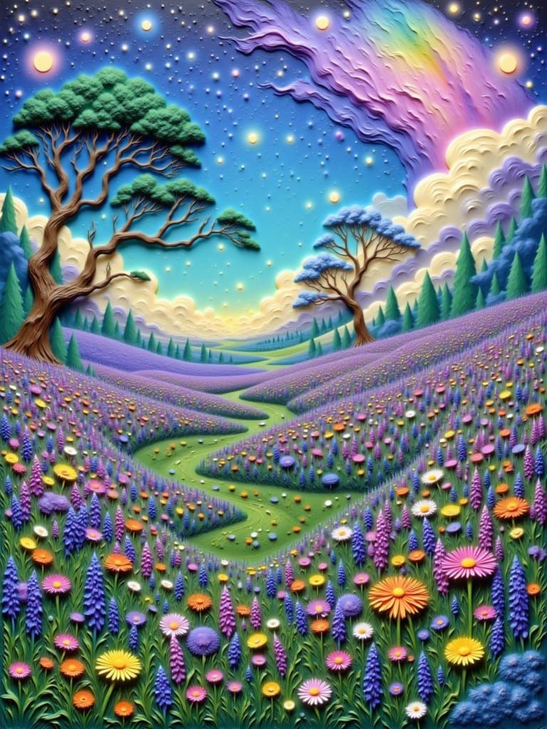 Ethereal Night Sky Over Mystical Woopop Flower Field