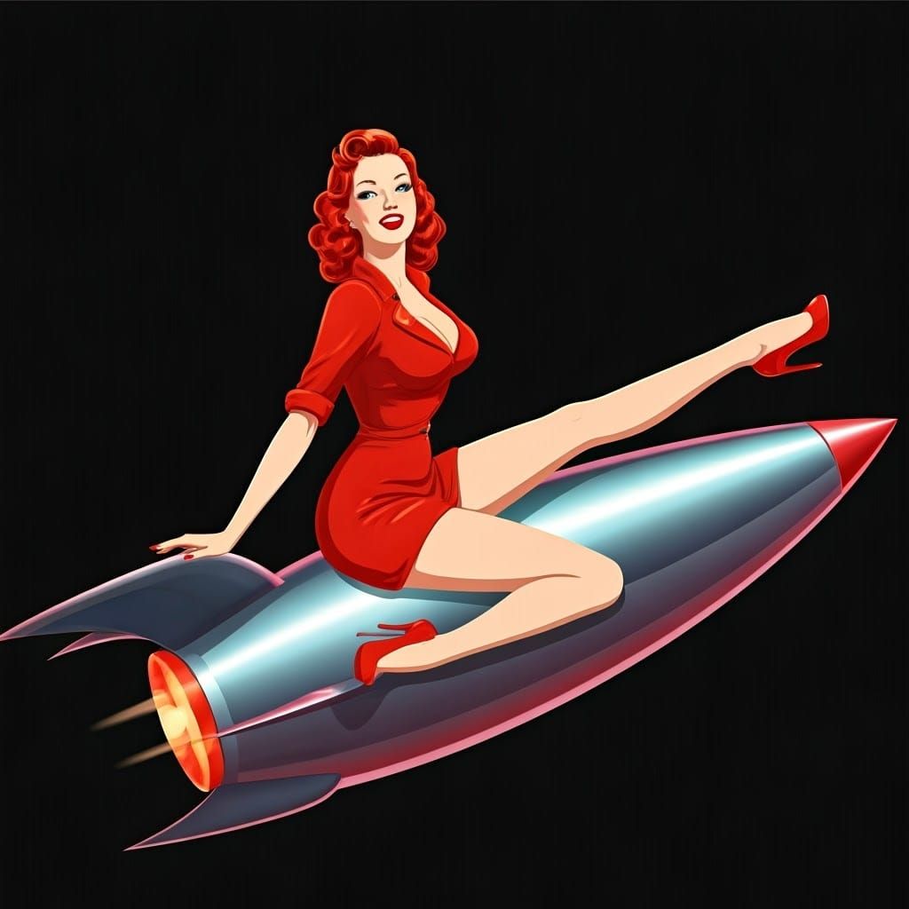 A dynamic low-angle view of a glamorous 1940s redhead pinup ...