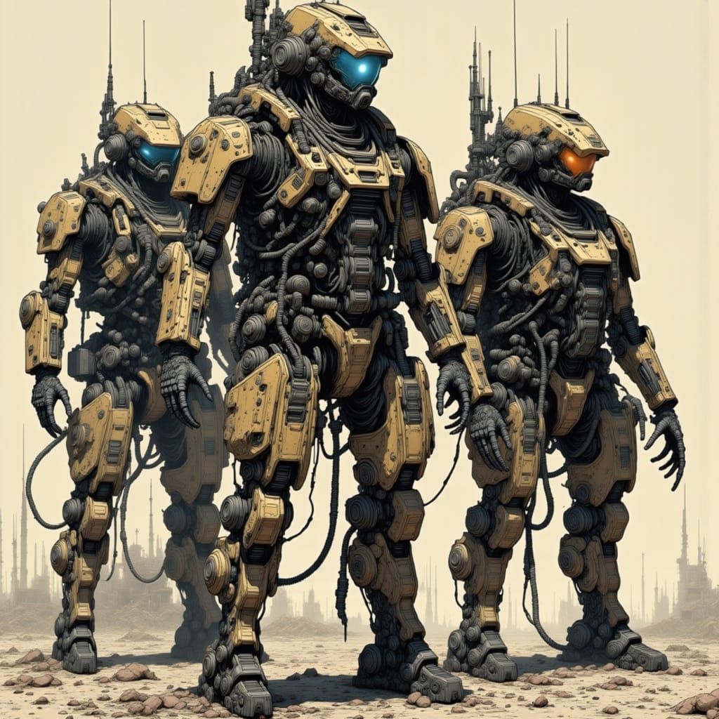 Cyborg Pirates in customised rag-tag vac-suits <lora:CYBER-PIRATES:1.0> <lora:ProtoFluxArmourGraal:1.0>