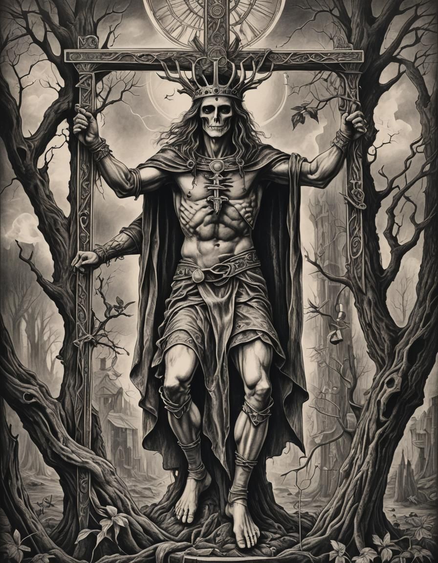 tarot the hanged man hyperdetailed charcoal drawing