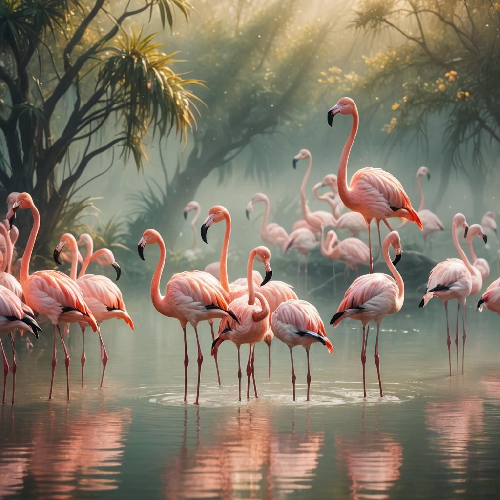 Flamingos in Water: Surreal Wildlife Illustration