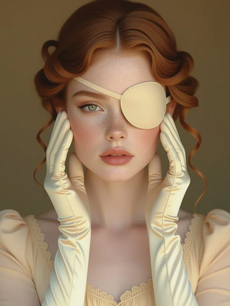 Photo portrait of a gorgeous woman in beige outfit with eyepatch touching her face with her satin gloves, no. 1