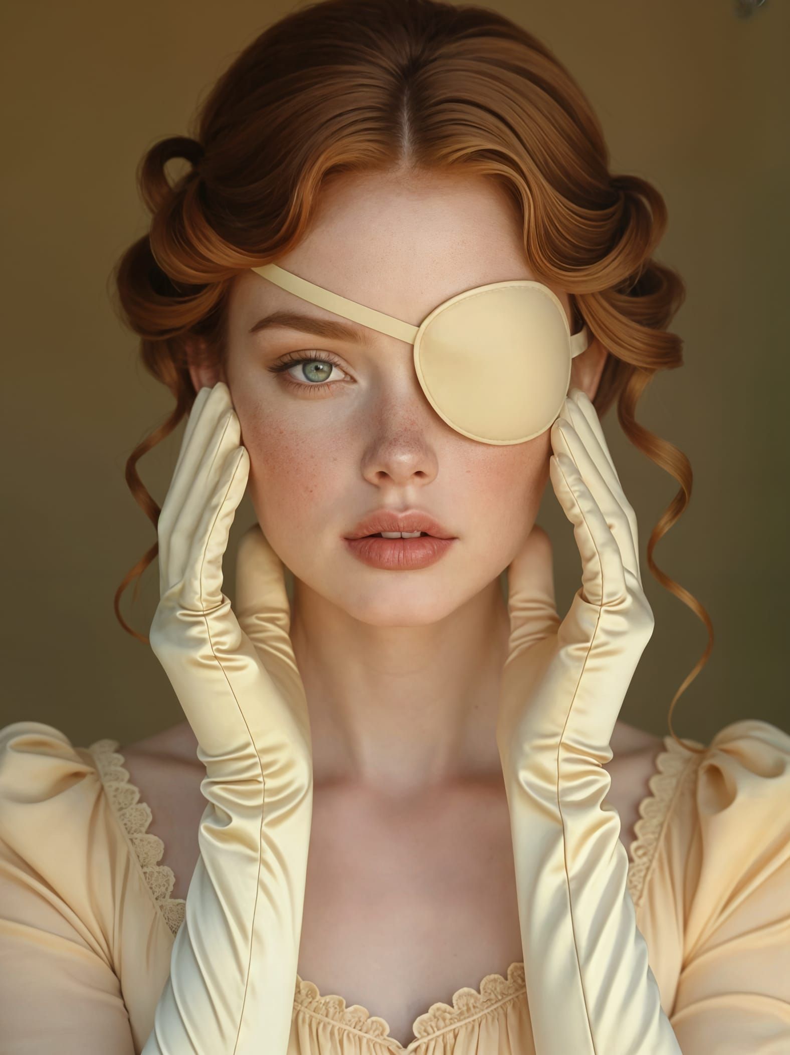 Photo portrait of a gorgeous woman in beige outfit with eyepatch touching her face with her satin gloves  by @Fokje