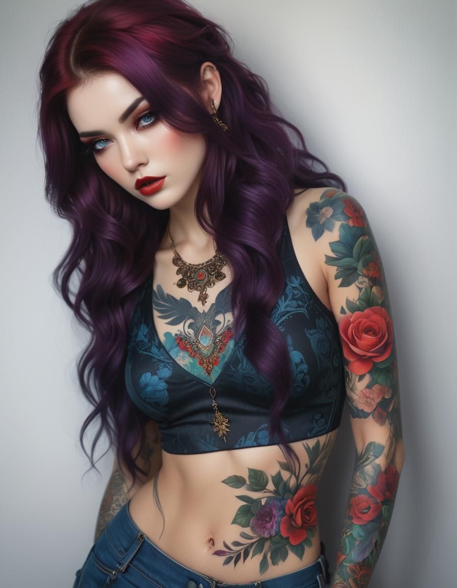 An incredibly detailed and vibrant portrait of a tatoo girl (showing no  dress torso:1.5), standing in front of the camera, her eyes filled w... -  AI Generated Artwork - NightCafe Creator