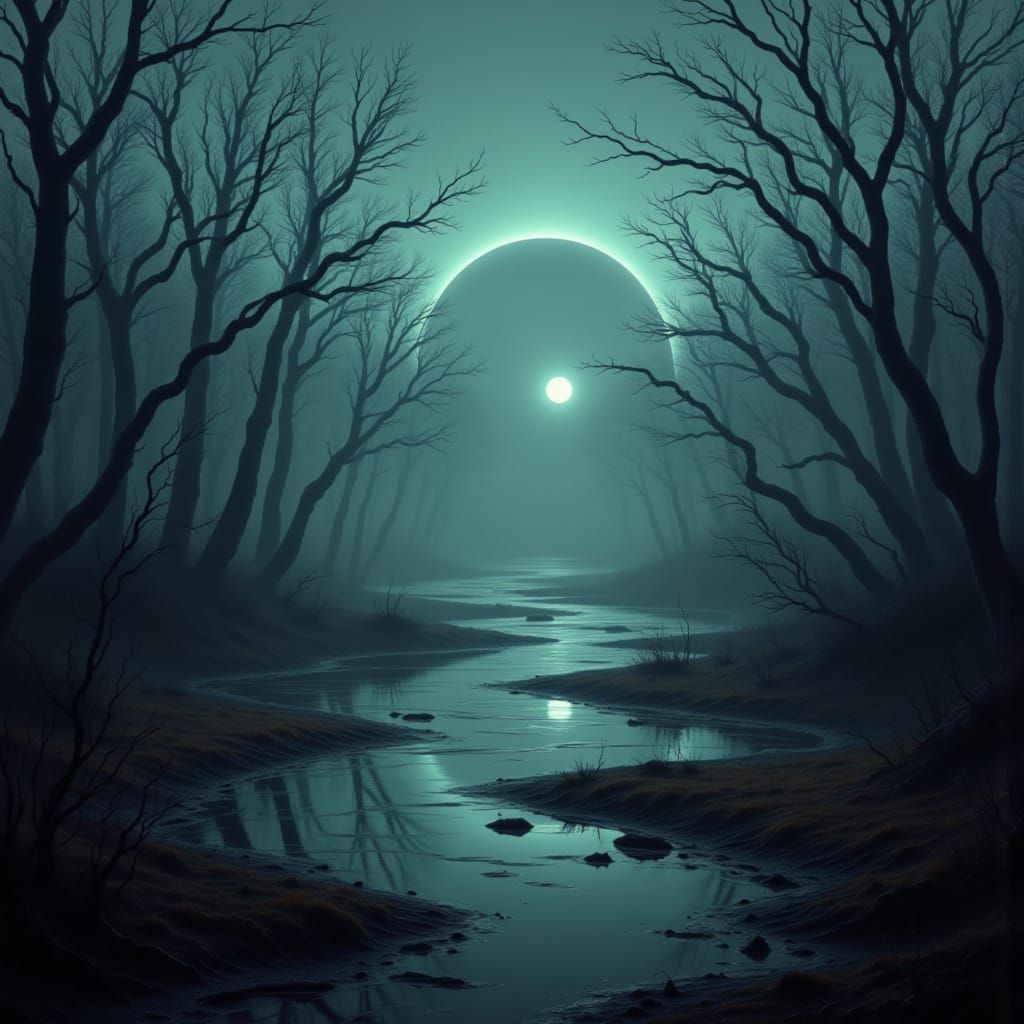 swamp, oily slick, dancing dryads in eerie twilight, a sense of foreboding triadic colours: teal, purple and yellow <lora:TwilightZone:1.0>