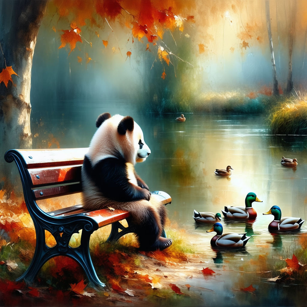Baby Panda Bear sitting on a park bench - Animal Digital Paintings