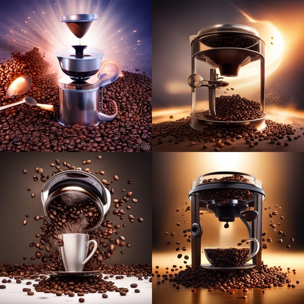 Broken coffee maker, coffee beans, water, surreal explosion, brilliant illumination, fine photo