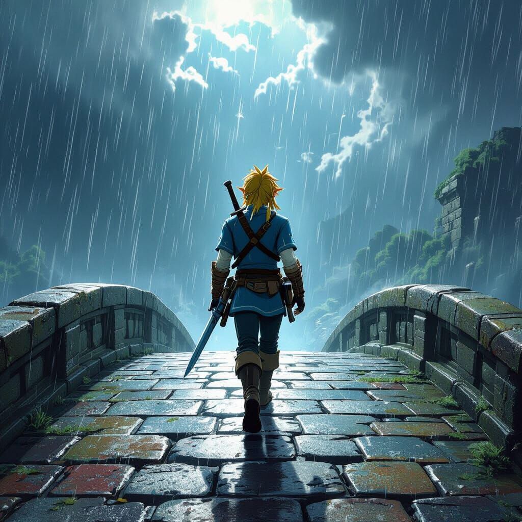 Link journeying, walking over a bridge to his next battle!