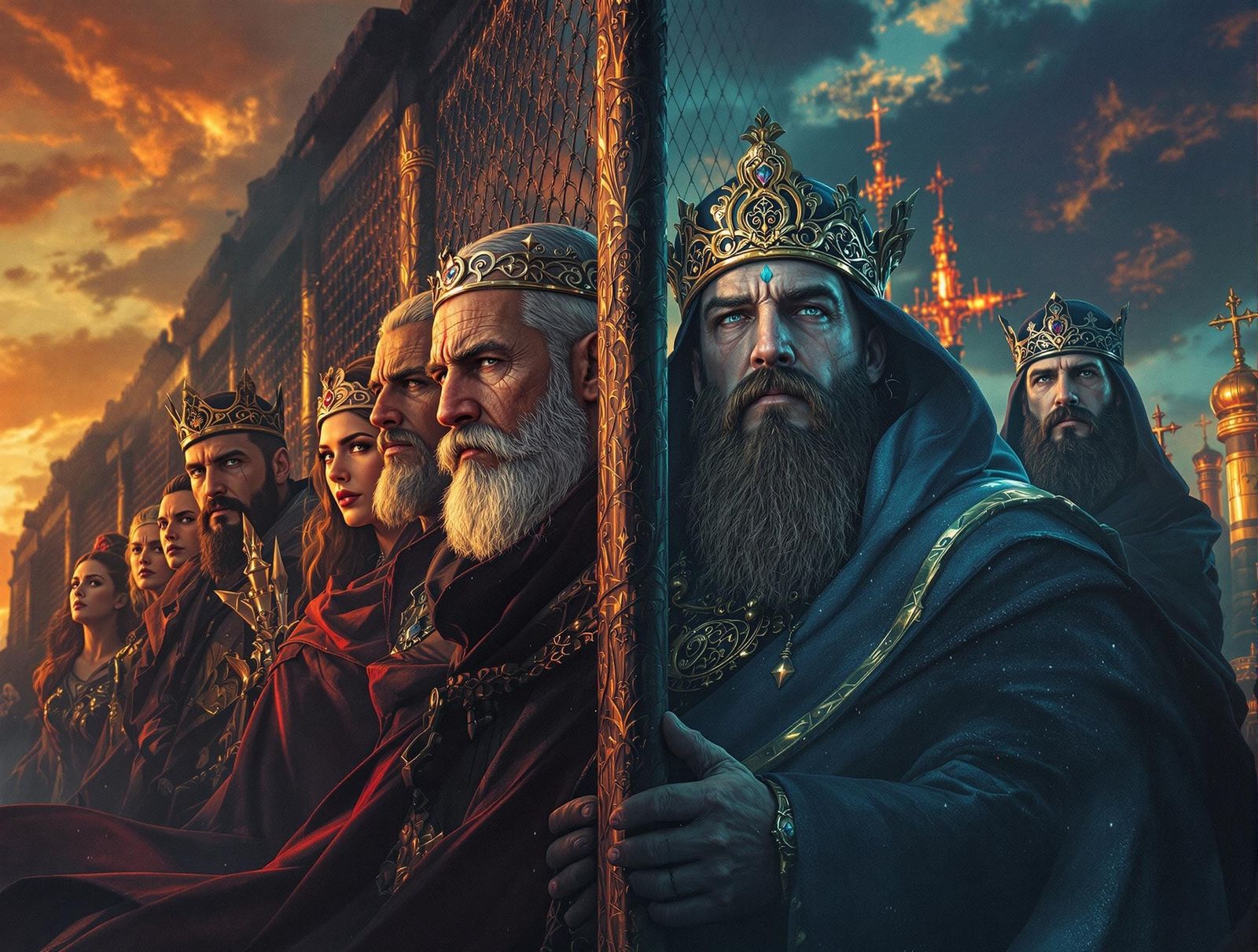 An image of a border with a fence dividing the scene. On the left side of the image are a group of non-religious heretic...