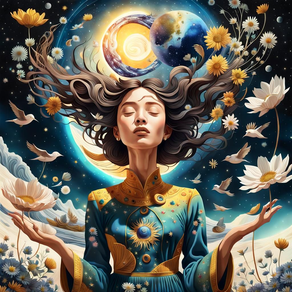 A mesmerizing, highly detailed surrealist art piece featuring a woman upside down, holding the cosmos in her hands, with...