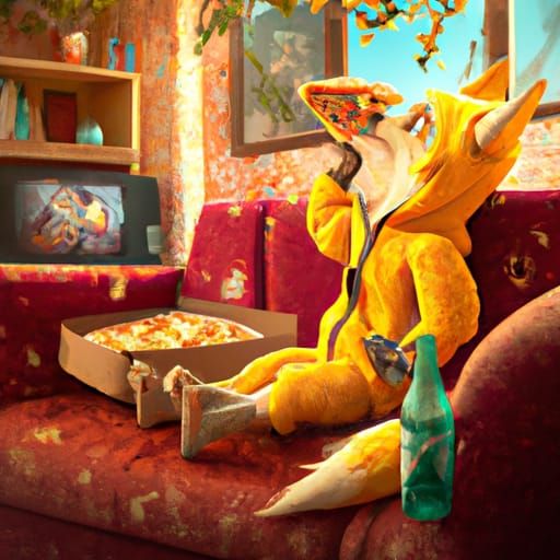 Humanoid Ghibi style Chibi style Small fox in a yellow hoodie watching television while sitting on a couch and eating a ...