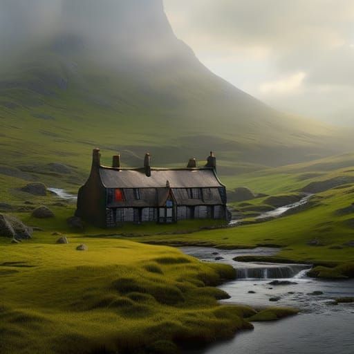 Beautiful countryside village in Scotland ethereal fantasy h...