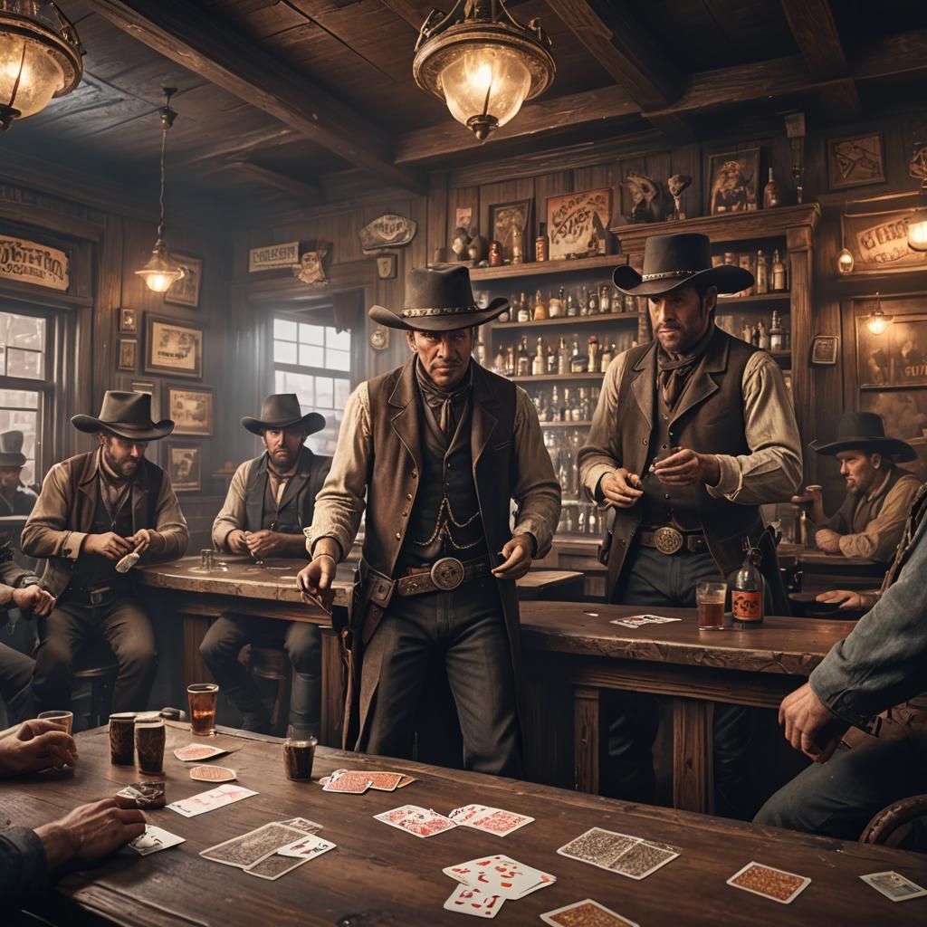 Wild west dark dusty old saloon, dangerous gunsliners at bar, men playing cards  by @Thyke