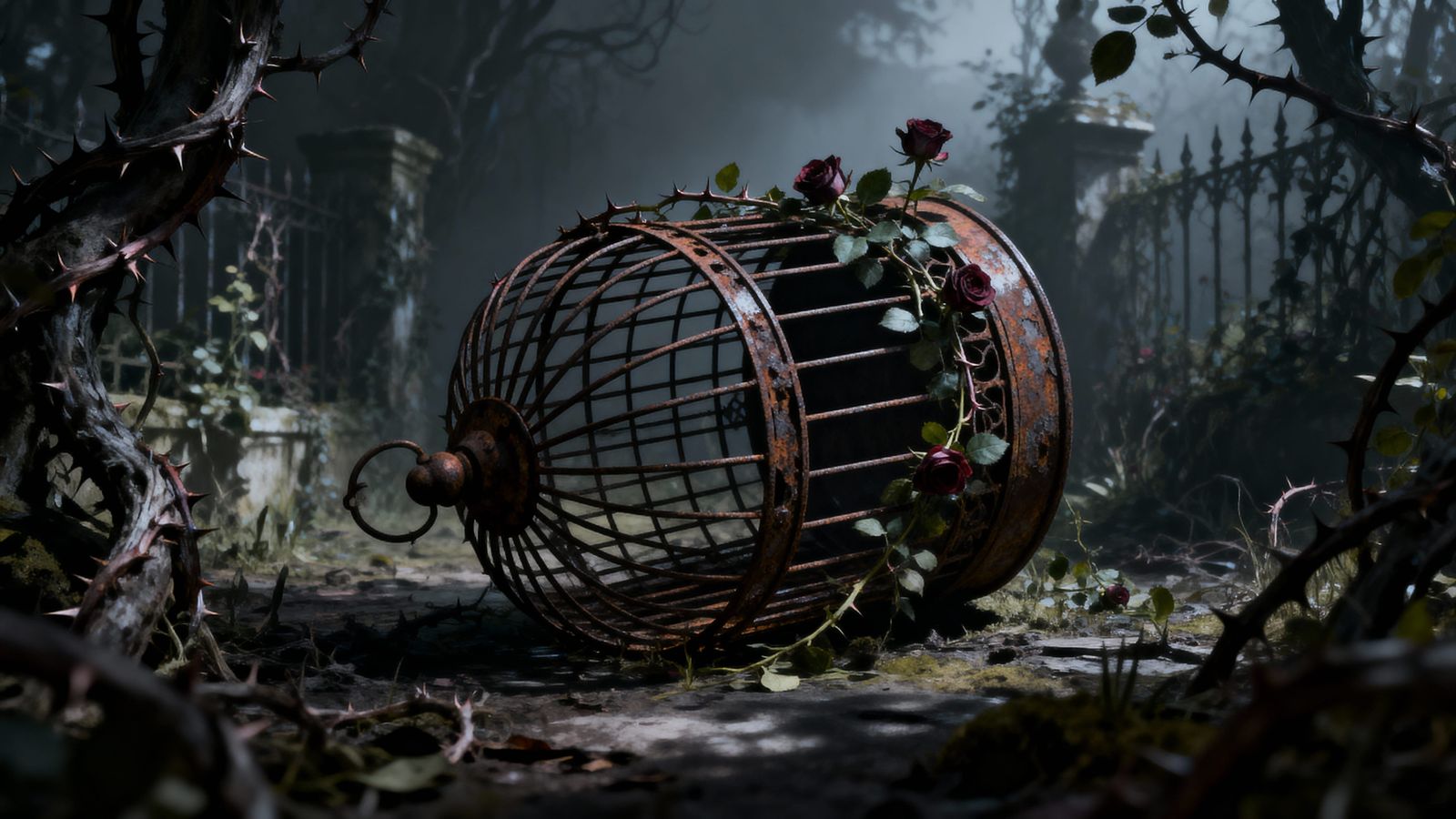A melancholic scene of an empty, rusted birdcage lying on its side in a desolate, overgrown garden. Twisted ...  by @Dan Jones