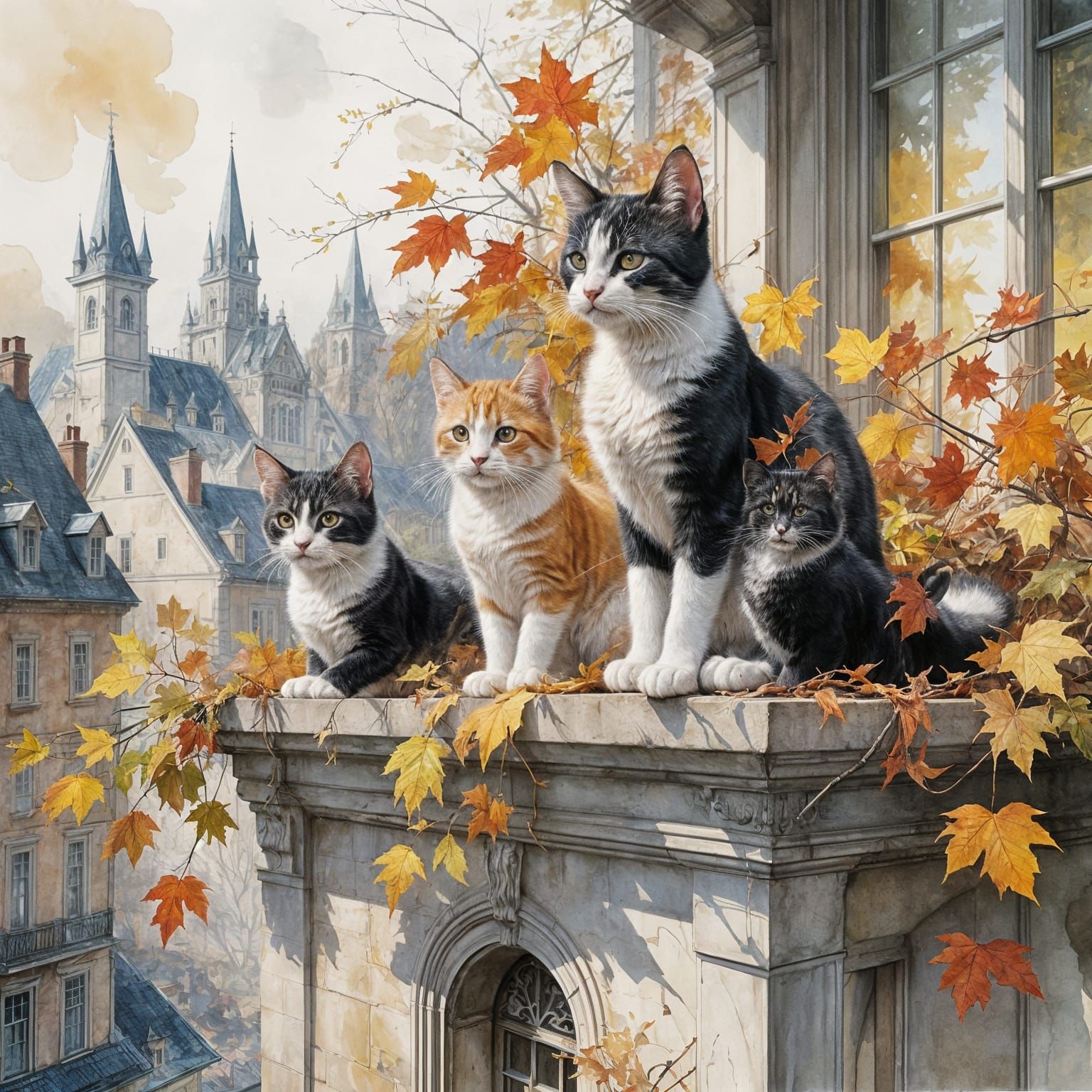 Calico Kittens Gaze Over Autumn Town Square, Gouache Style