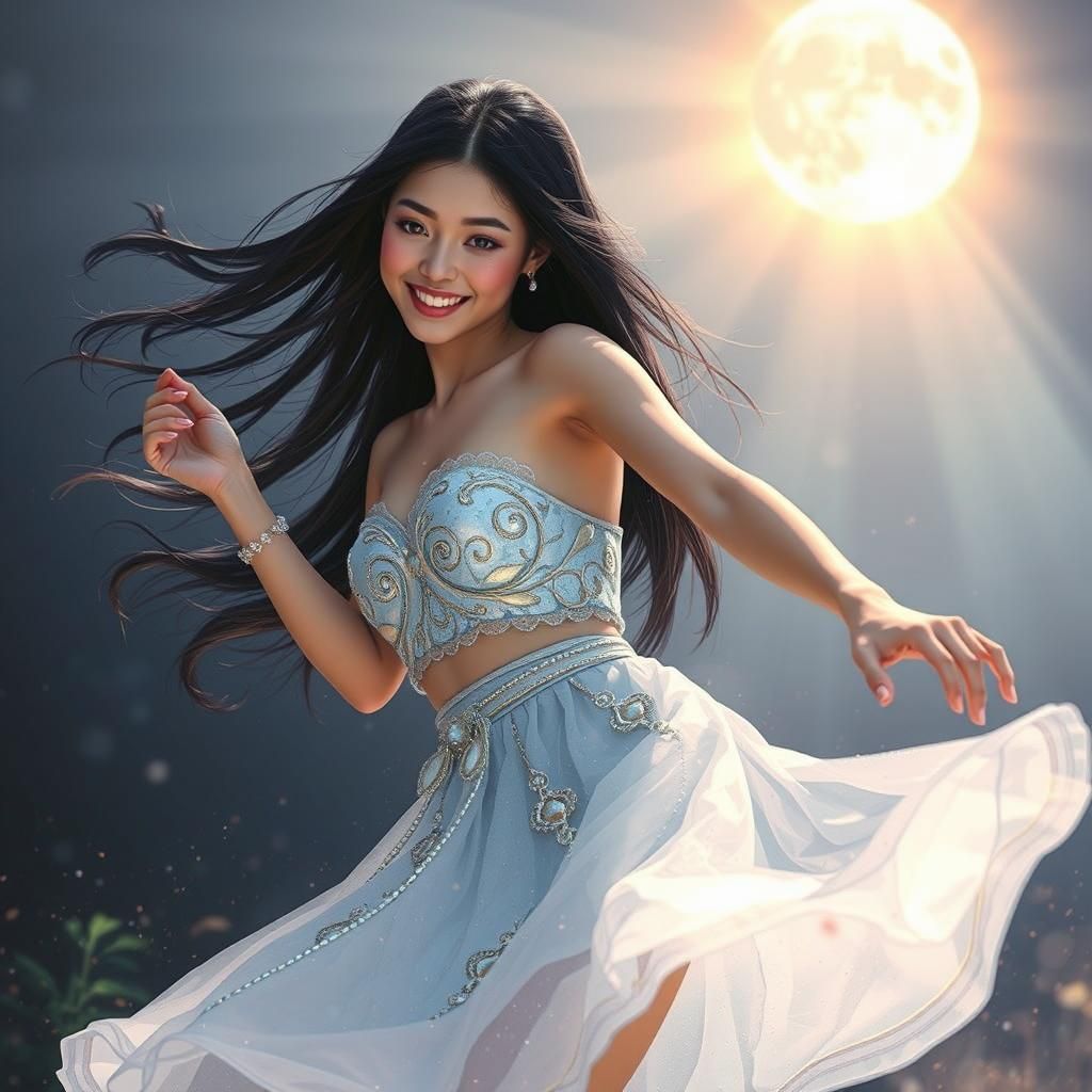 friendly young asian woman dancing in the moonlight in a tight miniskirt
