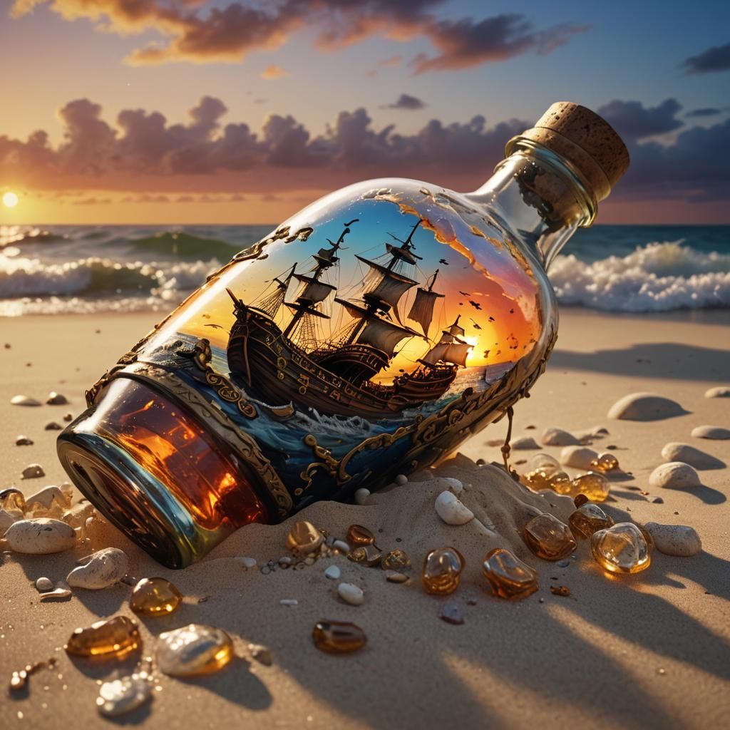 Pirate Ship in a Bottle Sunset Beach Scene