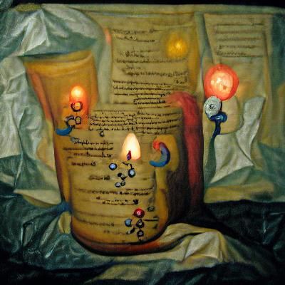 An alchemical manuscript by candlelight detailed painting oi...