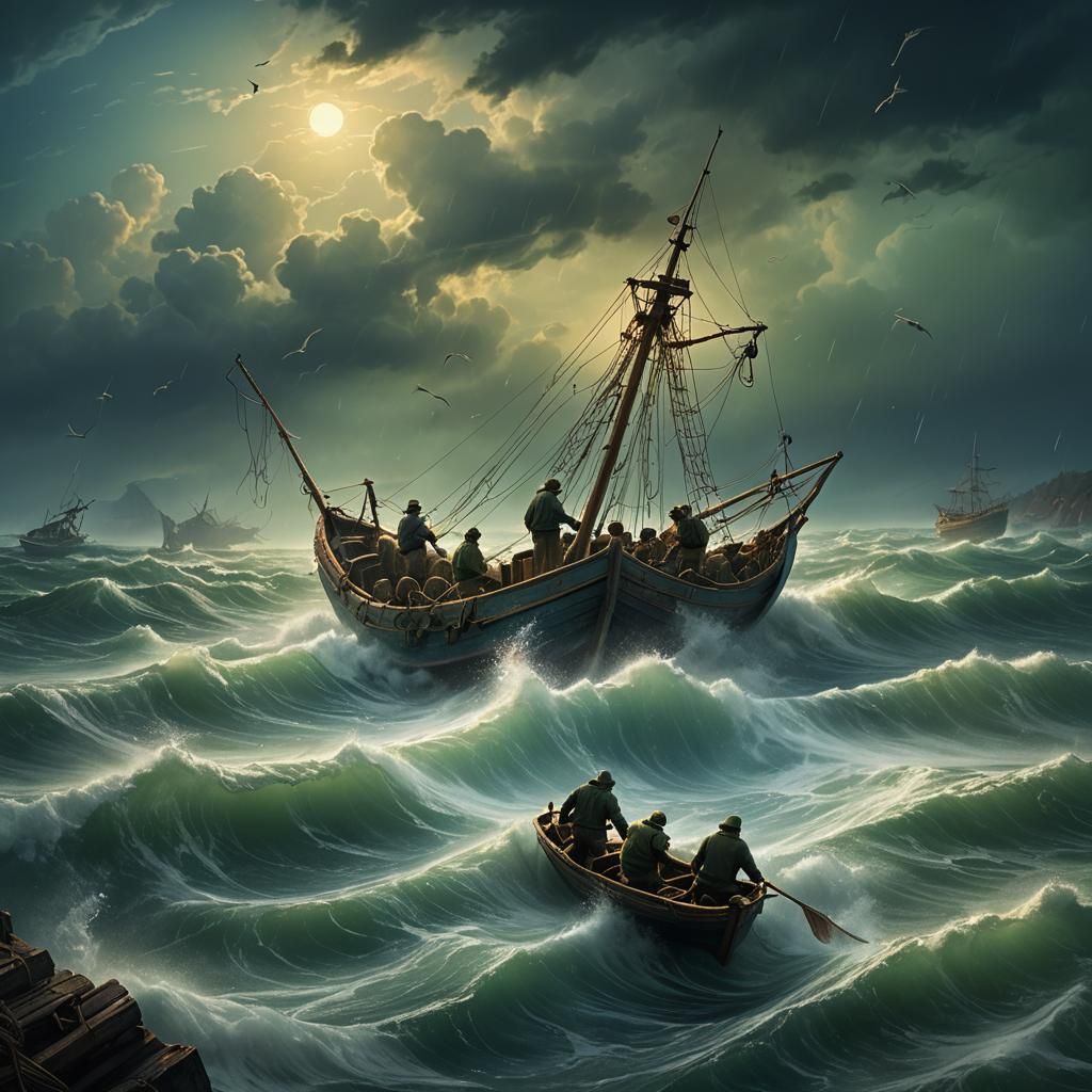  fishermen pulling in their catch on turbulent rainy weather conditions