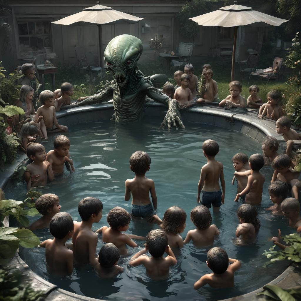 Yard pool full of children and A Ailen, Children have no Fea...
