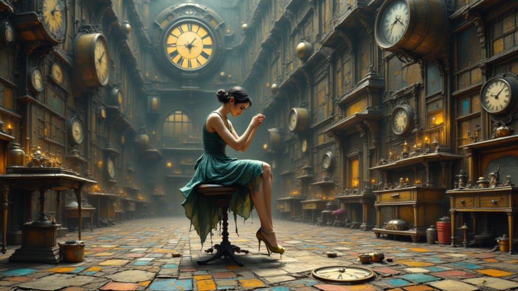 A young beautiful woman, wearing an elegant dress, sits on a small stool, in a big room, surrounded by walls and a floor made of hundreds of...