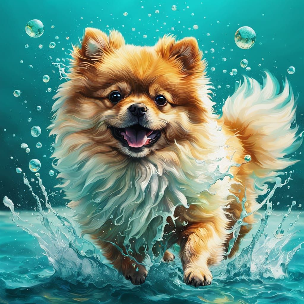 Pomeranian Puppy Plays in Turquoise Water as Oil Painting