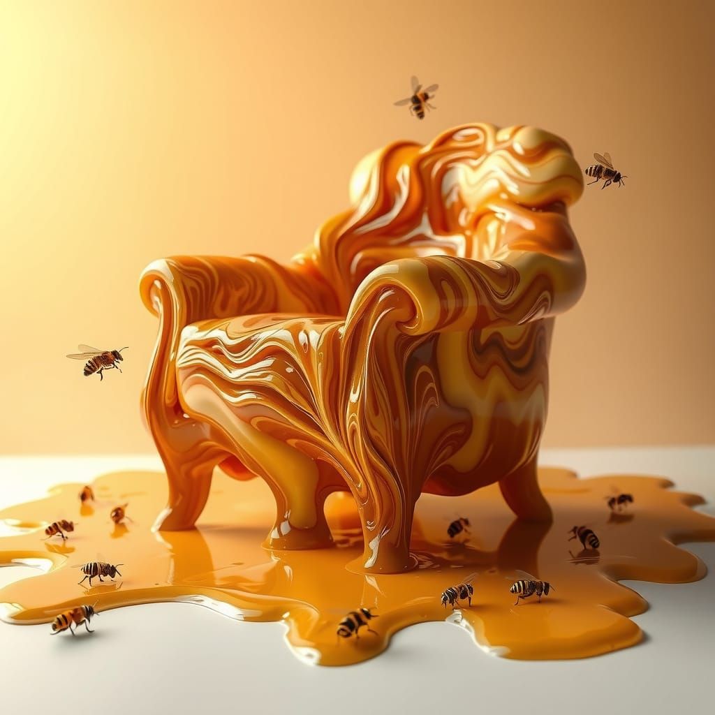 An armchair sculpted from swirling, viscous liquid honey, complete with honey drips forming delicate ...  by @Eler