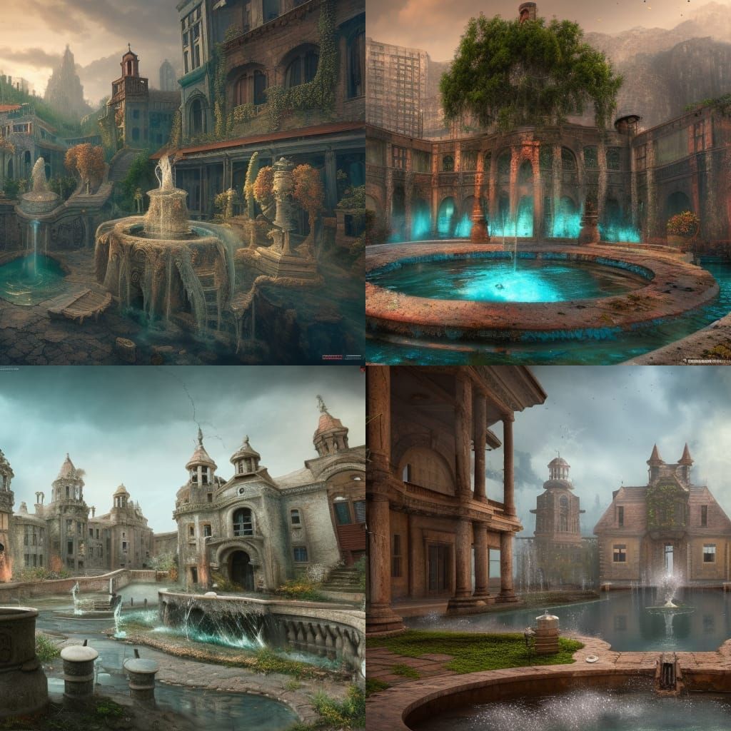 Abandoned town made completely of fountains