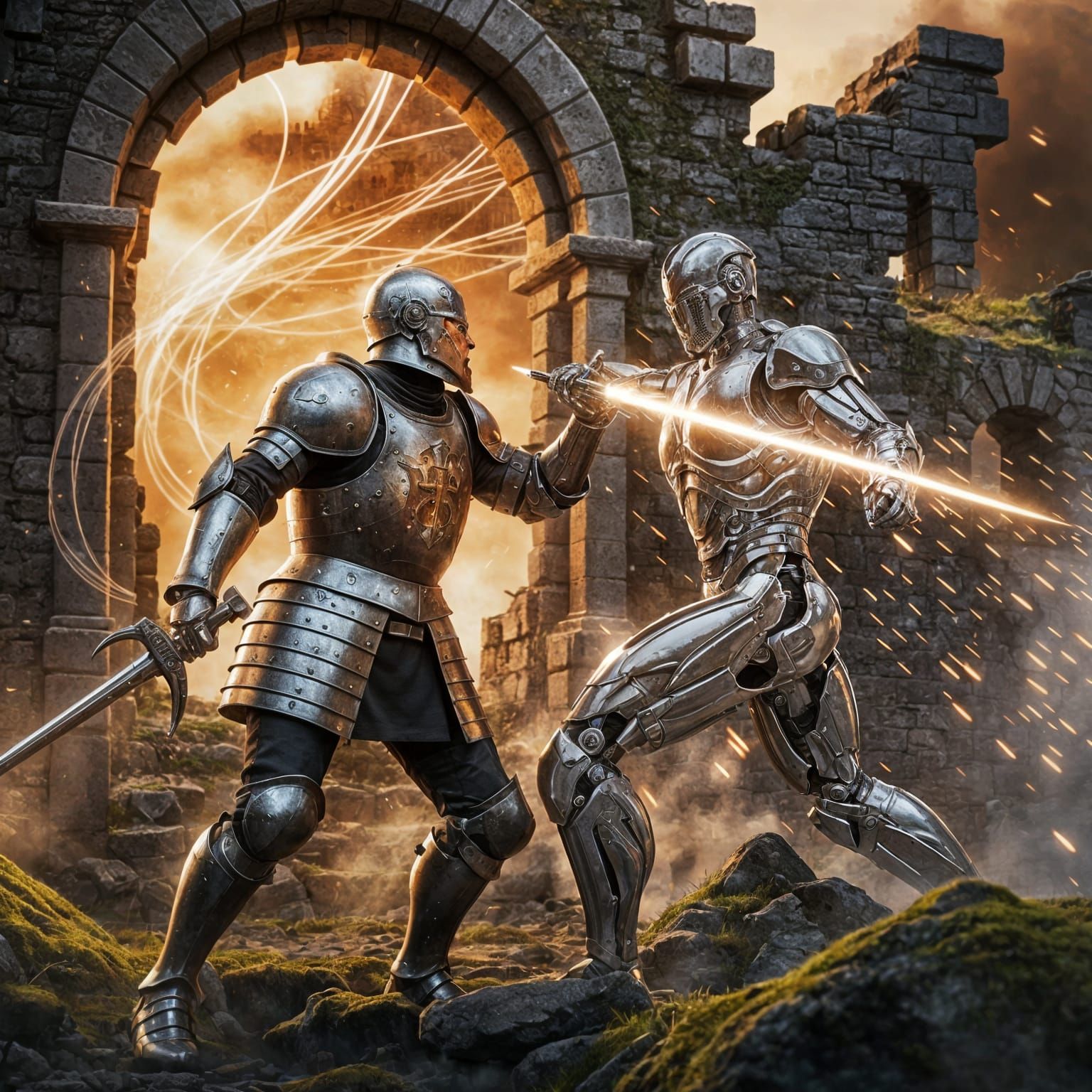 A medieval knight meets a futuristic cyborg in the ruins of an ancient castle—where the old world meets ...  by @Likra