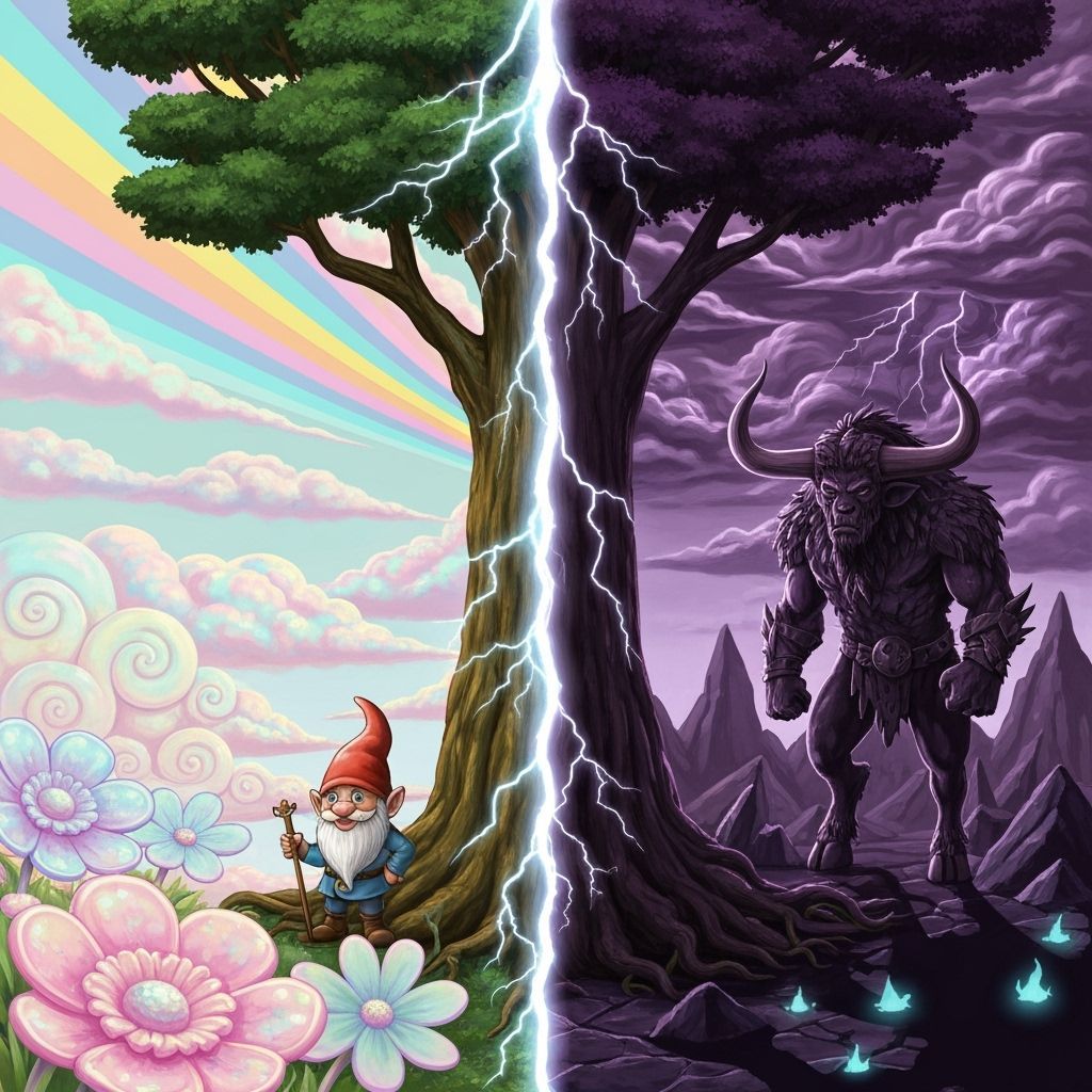 A massive tree stands in the middle, split in two by a crackling lightning bolt. On the left side, a friendly gnome dwells in a whimsical wo...