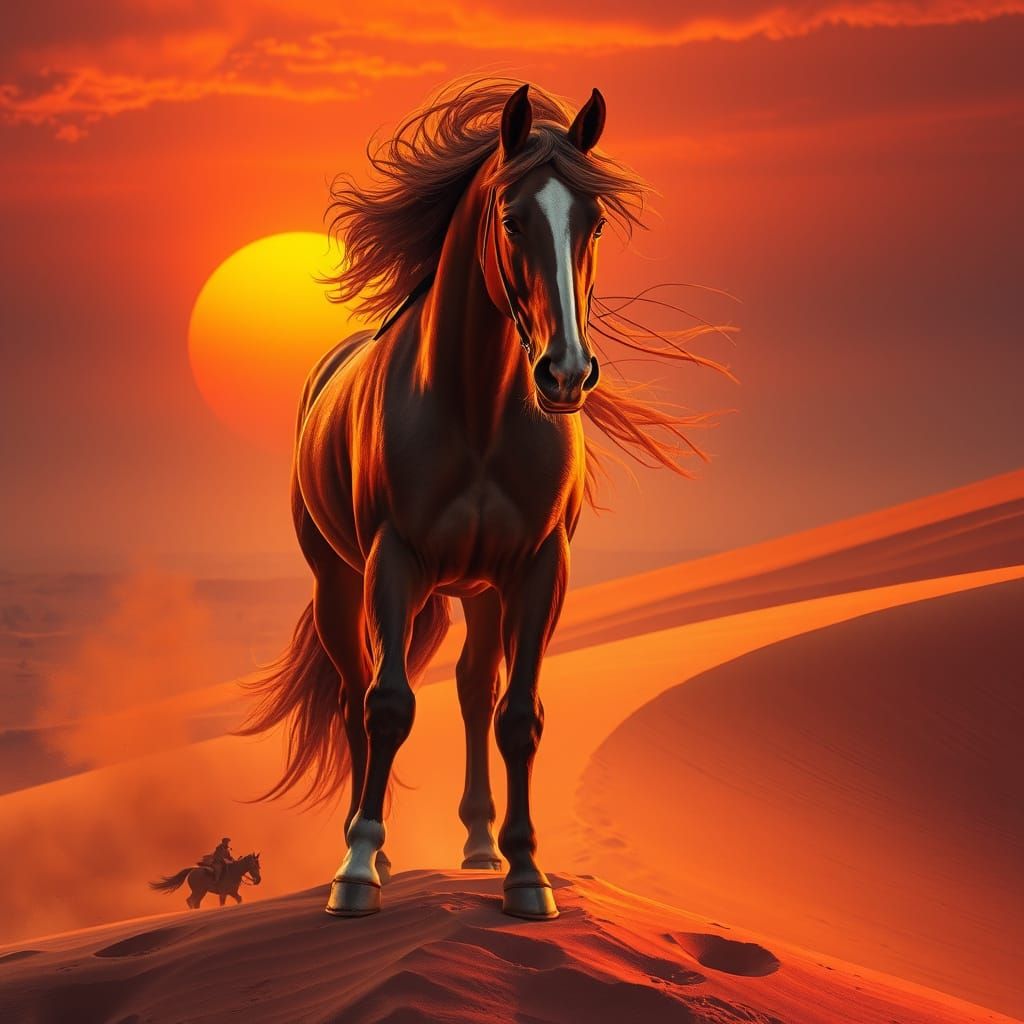 The woman in Hijab from first image can be seen riding the the regal desert horse in the second image. - Start Image 2