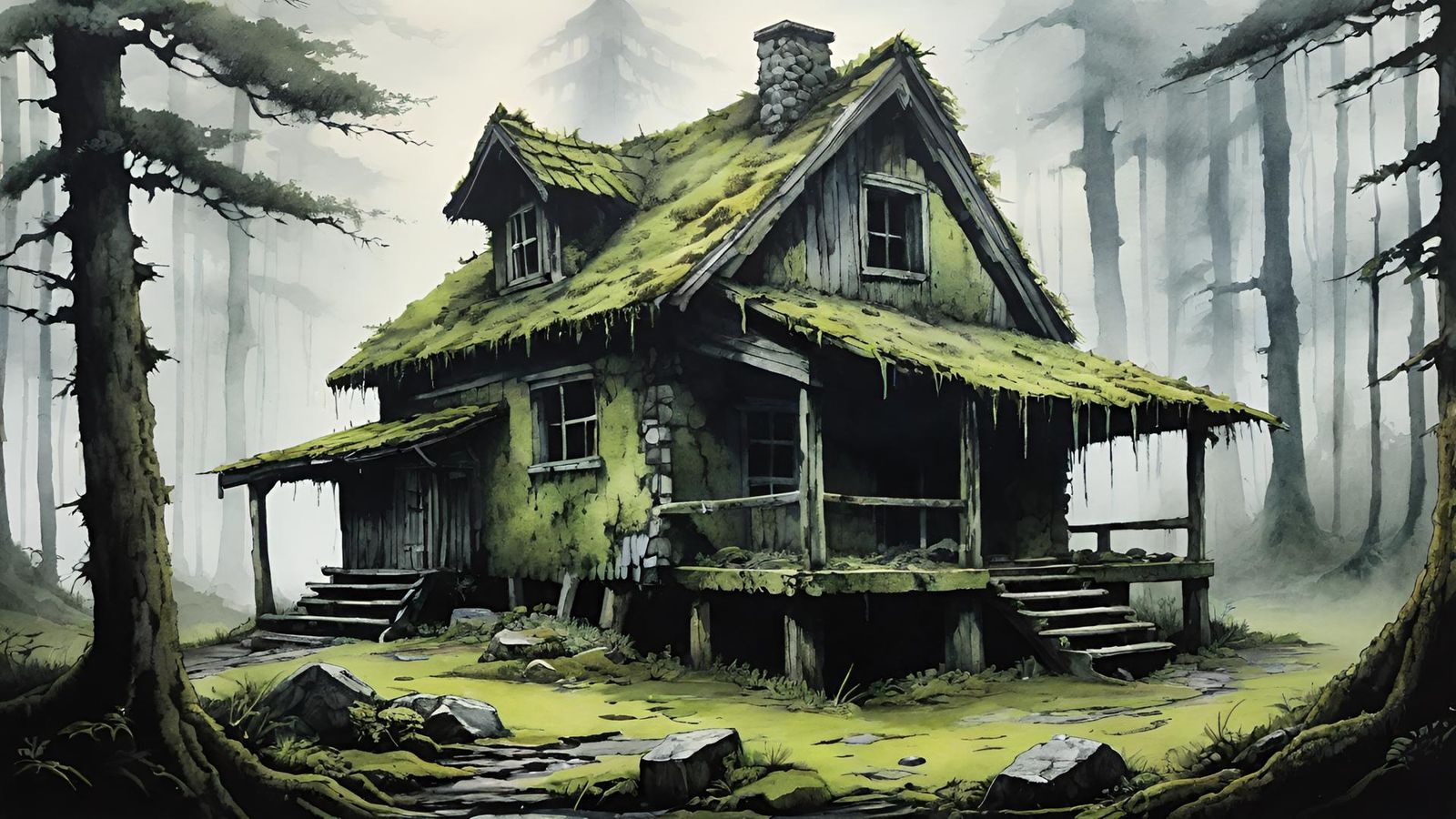 An abandoned cabin in a foggy forest, featuring lichen-engra...