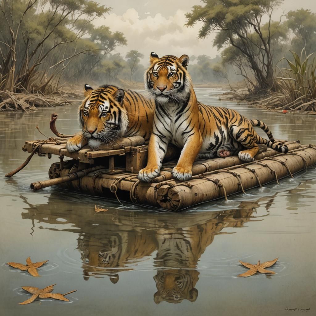 Tiger floating on a raft in the Limpopo River, Africa Jean-Baptiste Monge  by @Lady of the Thorns