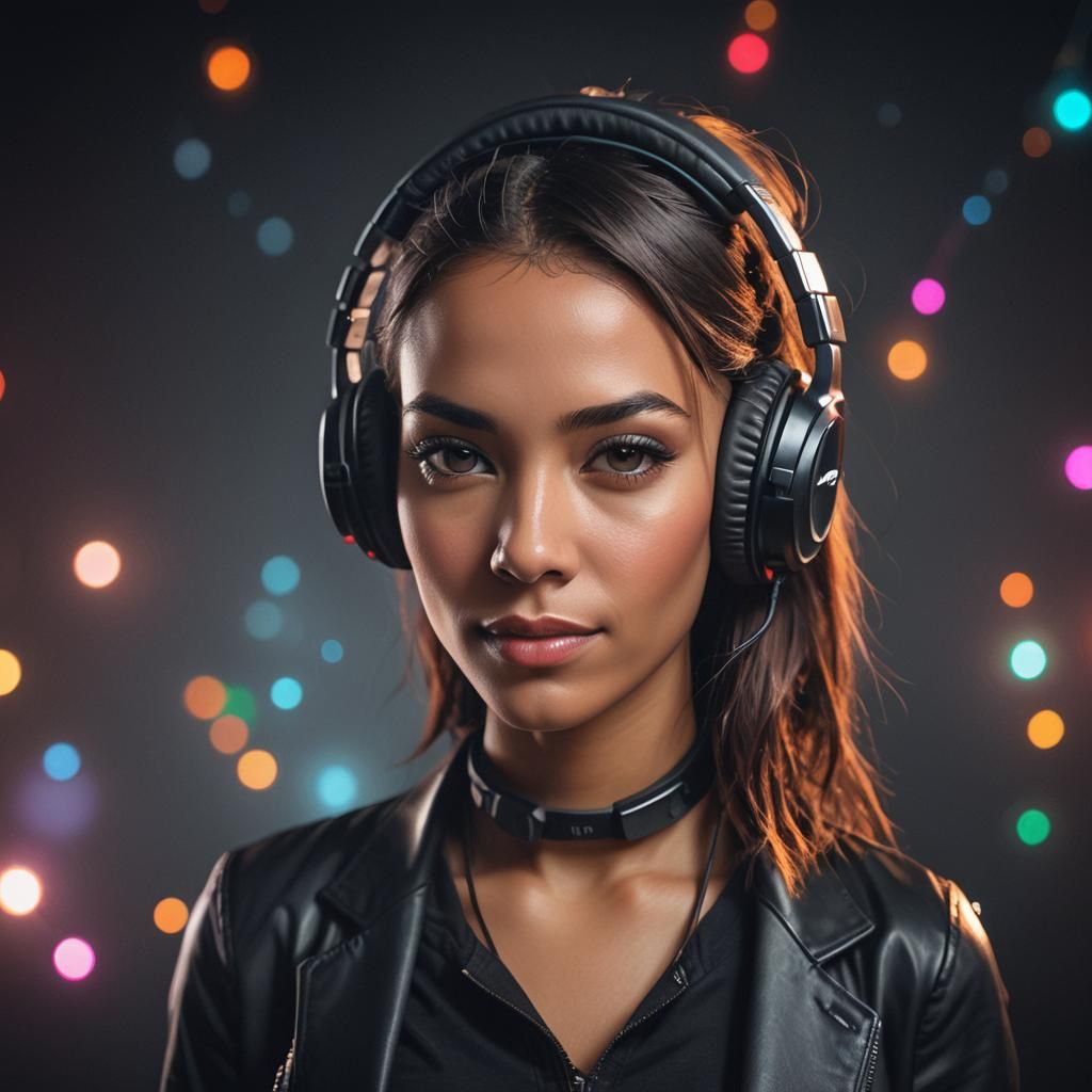 Hyperrealistic portrait of a beautiful DJ woman