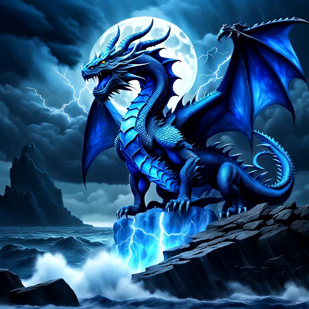 Epic Blue dragon on top of rocky outcrop overlooking stormy sea - AI ...