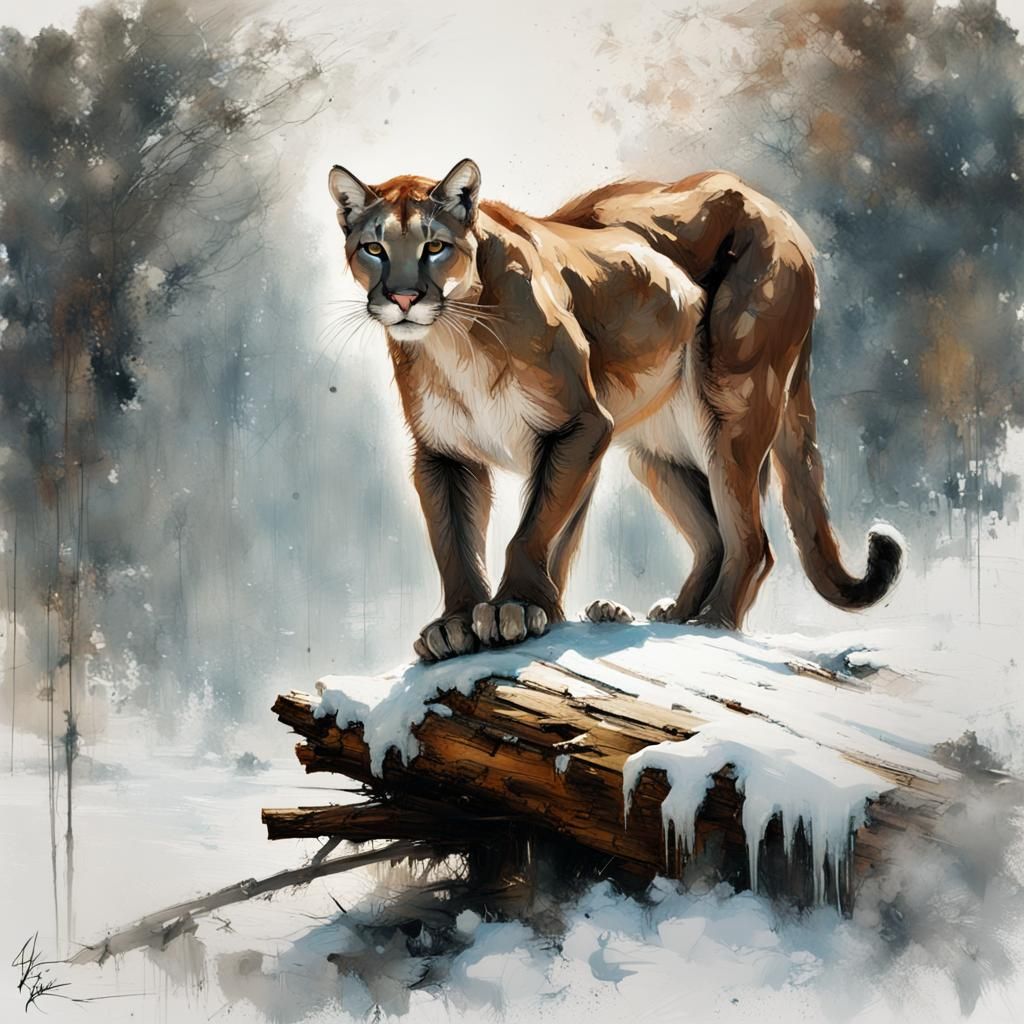 Cougar on Snowy Log in Textured Speedpaint Style