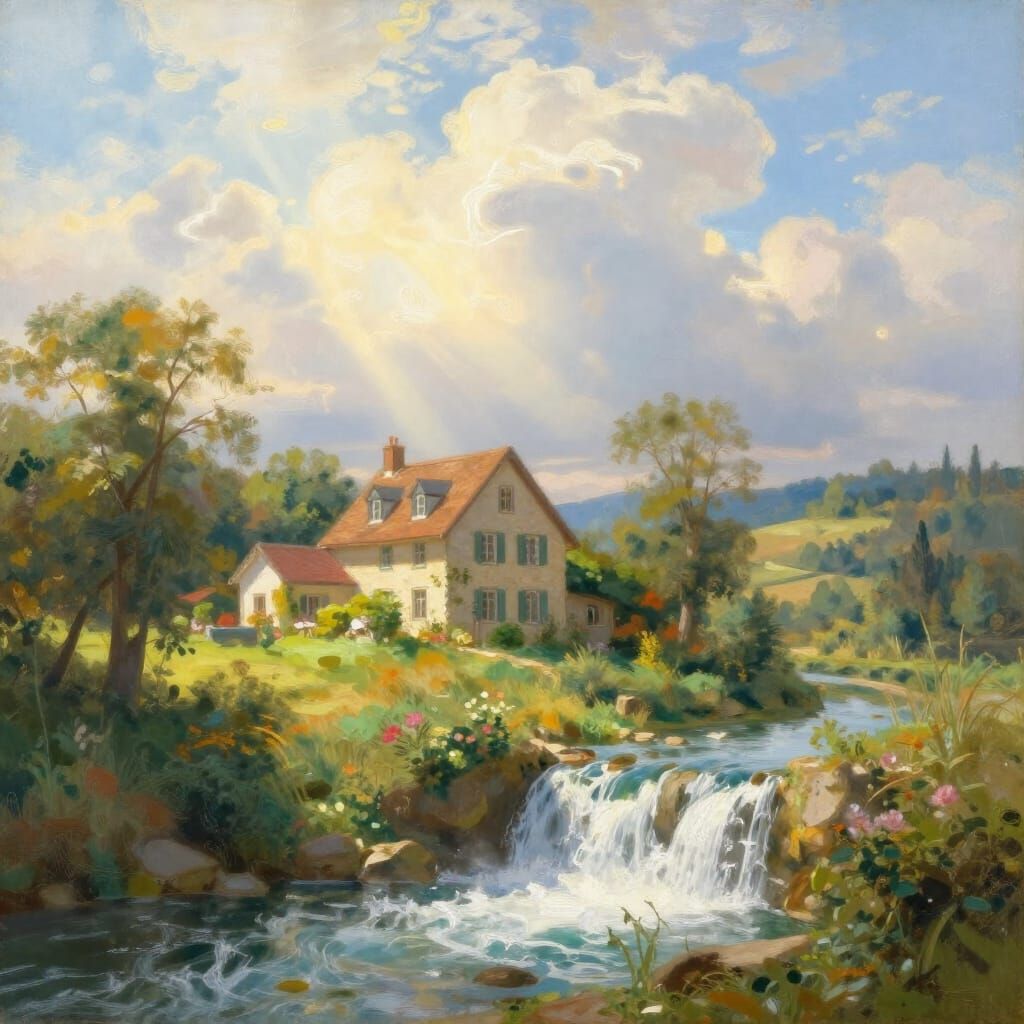 Serene Country House Beside Waterfall in Heavenly Light