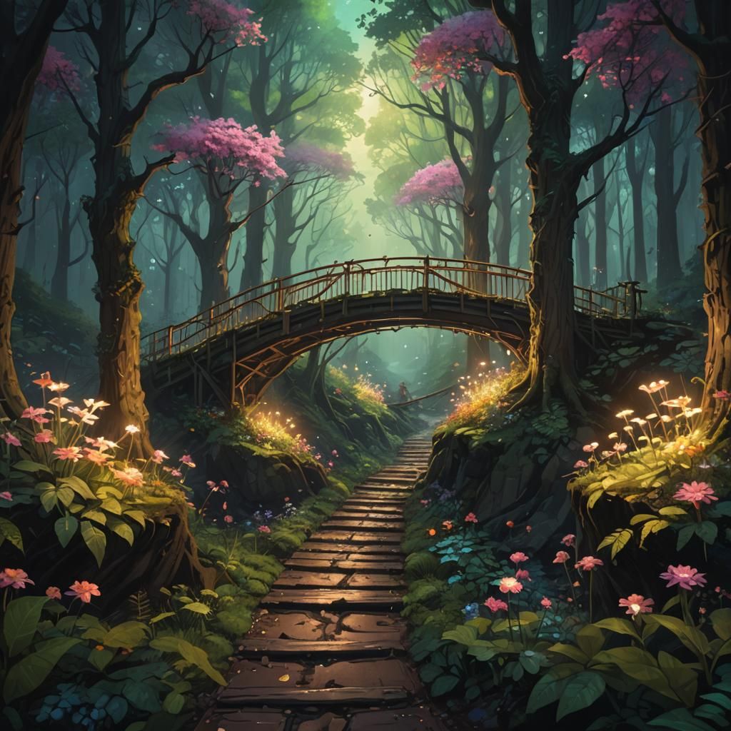 Elvin forest with bridges high up in the trees, lights along...