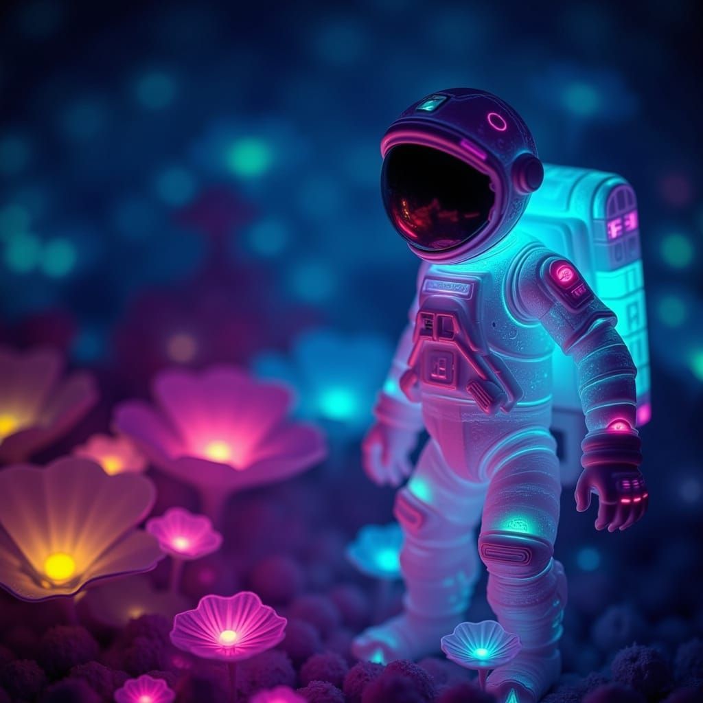 <lora:Flux Glow:1.0> breath-takingly bioluminescent spaceman with a jetpack, insanely hyperdetailed.