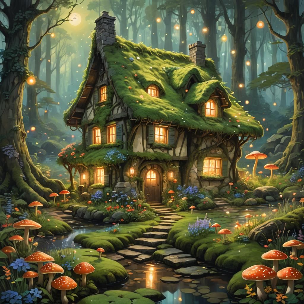 Imagine a digital artwork of a quaint, moss-covered cottage nestled deep within an enchanted forest. The cottage itself is inspired by Monet...