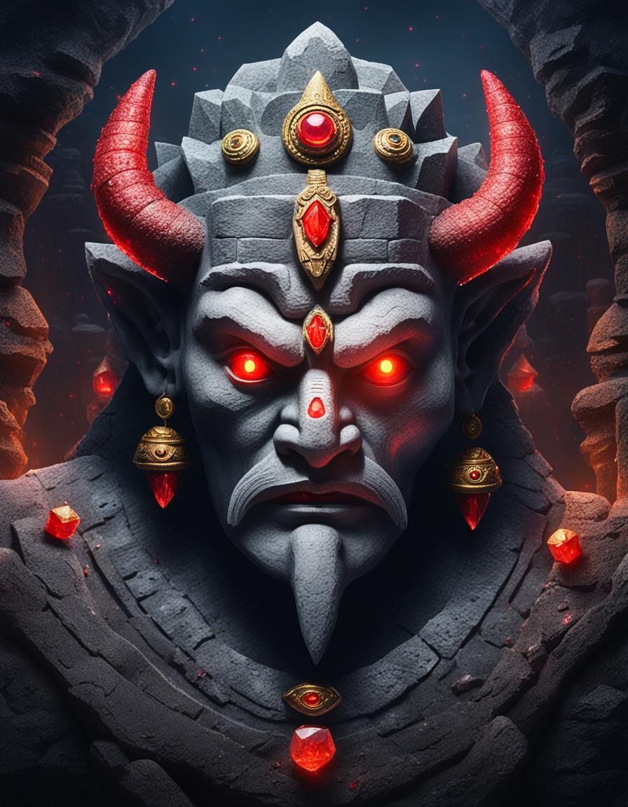 scenic picture of a ancient gambling god, grey stone face, p...