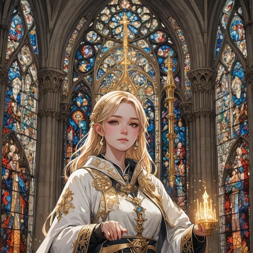 Emily Arundel, cleric, blonde, fantasy, human, anime, teenager