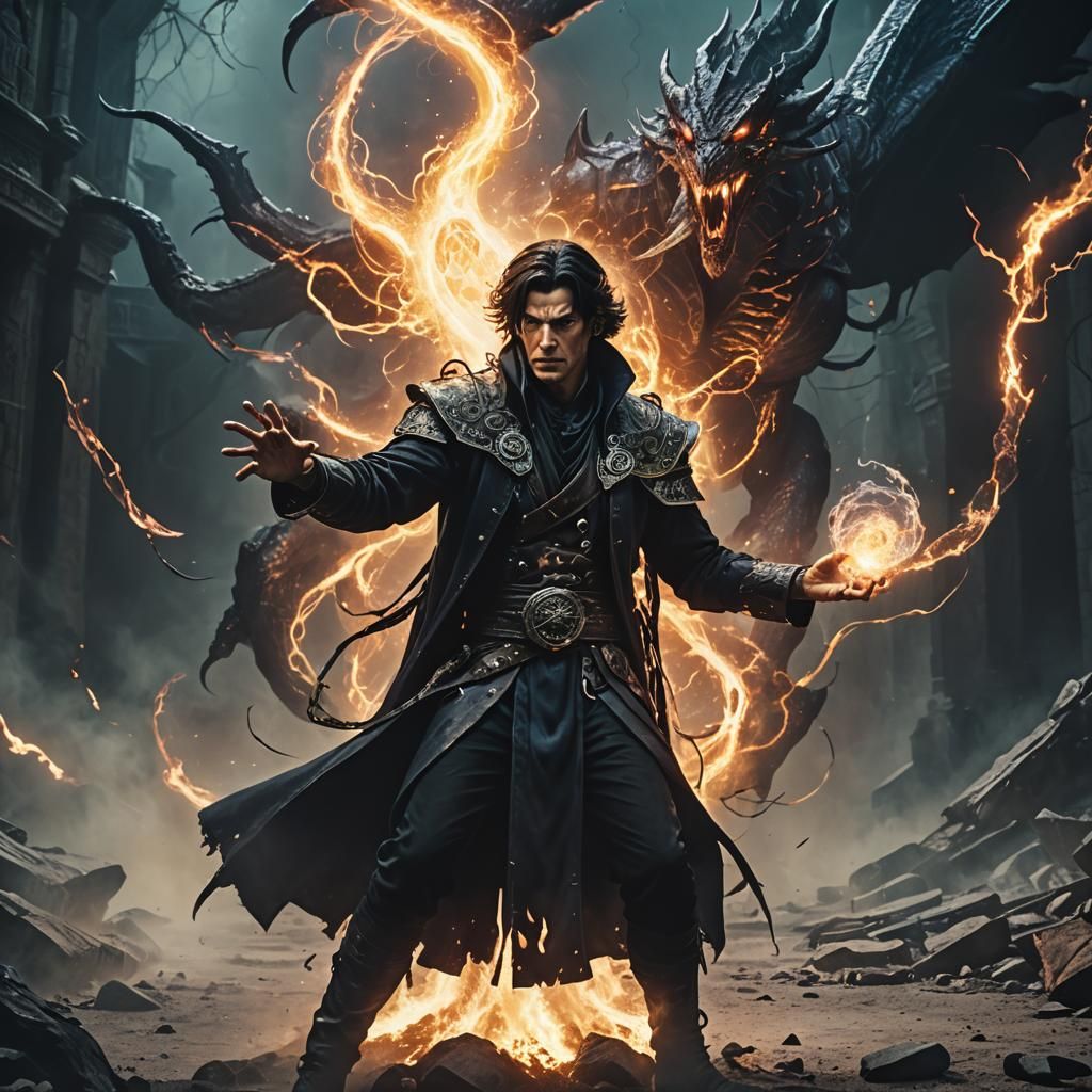 a single Dark haired male githzerai warlock with psychic powers casting a purple eldritch blast from his hands. Cinematic film still, shot o...