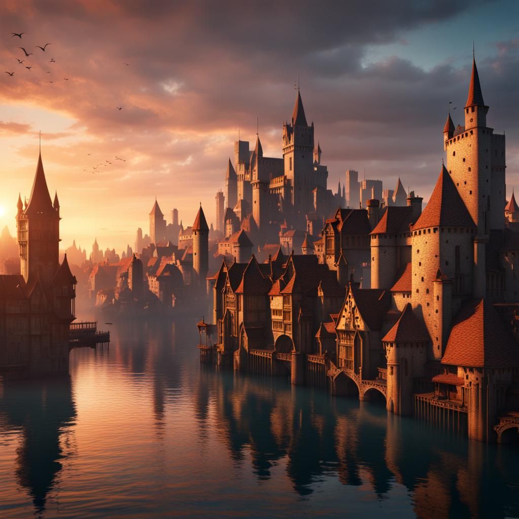 Medieval City skyline across the water at sunset